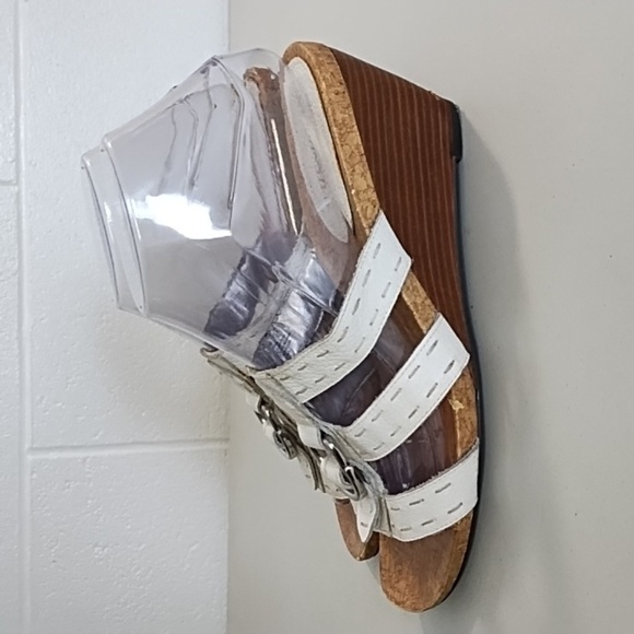 White Wedge Sandals with Leather Straps Stitching Cork Soles - Picture 3 of 13